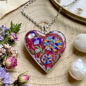 Whimsical Garden Heart Resin Pendant